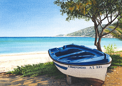 Painting of a boat on a Greek beach by Margaret Heath.