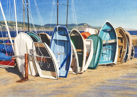 A painting of dinghies in Lyme Regis harbour by Margaret Heath.