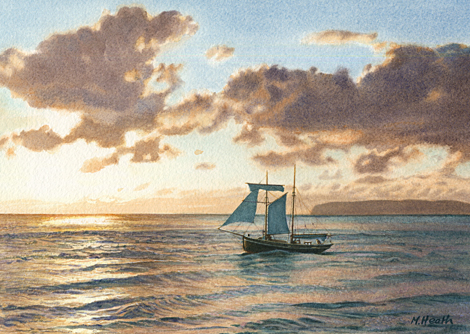 A painting of topsail schooner 'Vilma' setting off past Black Point, Anglesey, Wales at sunrise by Margaret Heath.