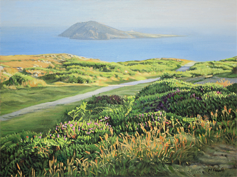 An oil painting of Bardsey Island on a summer evening by Margaret Heath.