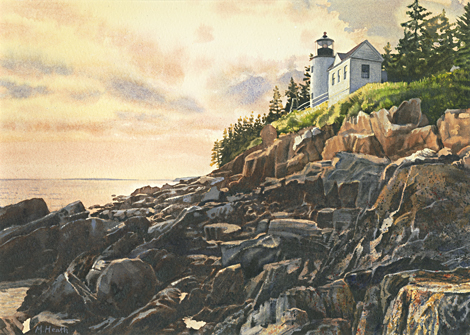 A painting of Bass Harbor Light, Maine at sunset by Margaret Heath.