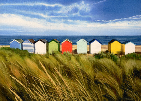 A painting of beach huts, Southwold, Suffolk by Margaret Heath.