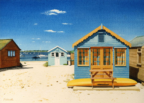 A painting of beach huts and lagoon at Mudeford, Dorset by Margaret Heath.