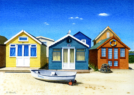 A painting of beach huts and Seagull at Mudeford sandspit, Dorset by Margaret Heath.