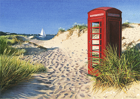 A painting of a telephone kiosk in the sand dunes at Shell Bay, Dorset by Margaret Heath.