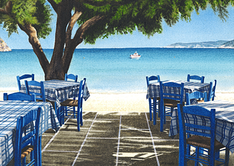 A painting of a beach taverna on Sifnos, Greece by Margaret Heath.