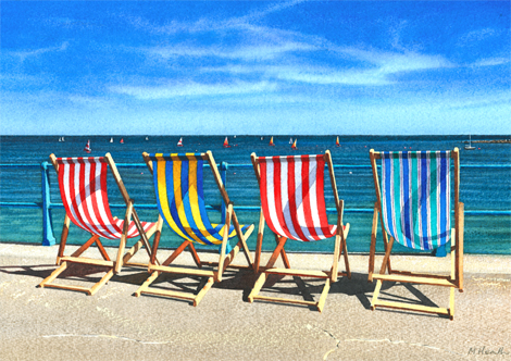 A painting of deck chairs beside the seaside at Lyme Regis, Dorset by Margaret Heath.