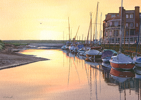 A painting of boats moored at Blakeney, Norfolk at sunrise by Margaret Heath.