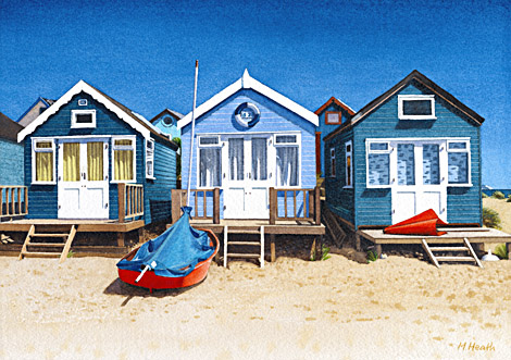 A painting of blue beach huts at Mudeford sandspit, Dorset by Margaret Heath.