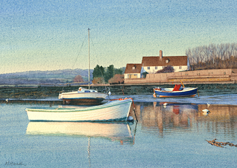 A painting of boats moored at Bosham, West Sussex on a calm evening by Margaret Heath.