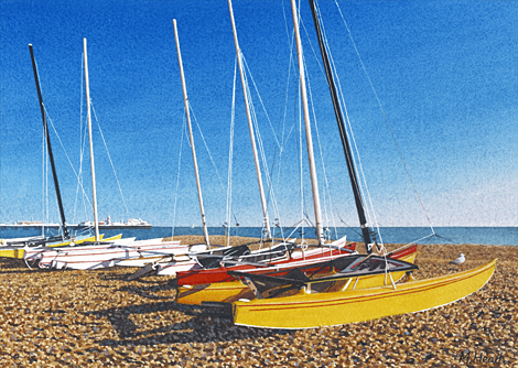 A painting of catamarans on Brighton beach by Margaret Heath.