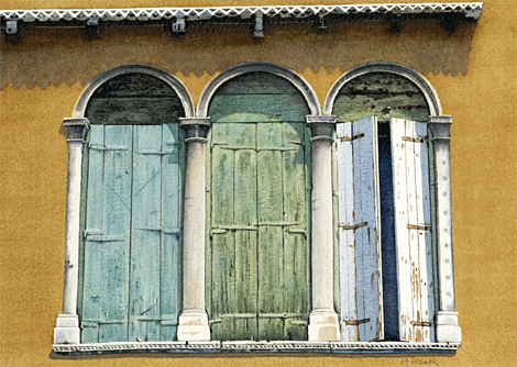 A painting of windows shuttered for siesta in Venice by Margaret Heath.