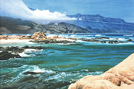 A painting of a coastal scene in Oman by Margaret Heath commissioned by the Sultan of Oman.