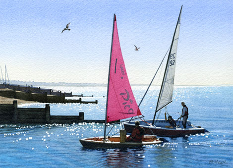 A painting of dinghies coming ashore at Whitstable, Kent by Margaret Heath.