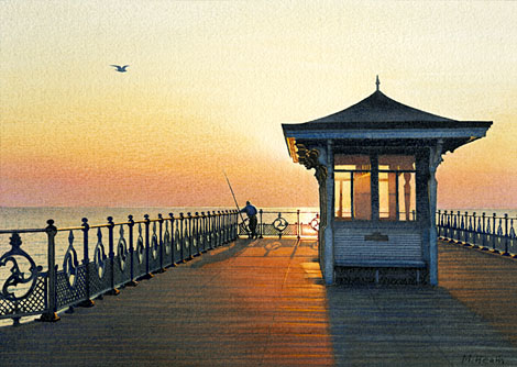A painting of a fisherman on Swanage Pier, Dorset at dawn by Margaret Heath.