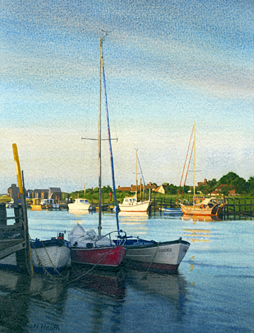A painting of boats moored at dawn at Southwold harbour, River Blyth, Suffolk, by Margaret Heath.