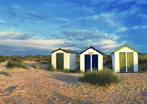 A painting of beach huts at dawn on Southwold beach, Suffolk by Margaret Heath.