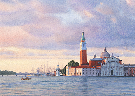 A painting of San Giorgio Maggiore, Venice, Italy at dawn by Margaret Heath.