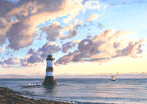 A painting of Penmon lighthouse, Anglesey, Wales at dawn by Margaret Heath.
