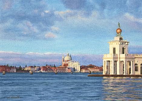 A painting of the Dogana and island of Giudecca, Venice, Italy at dawn by Margaret Heath.