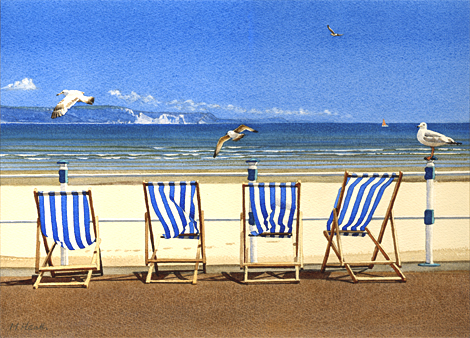 A painting of deck chairs and seagulls by Weymouth beach, Dorset by Margaret Heath.