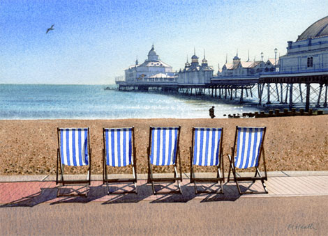A painting of deck chairs and pier at Eastbourne, Sussex by Margaret Heath.