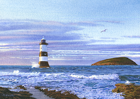 A painting of Penmon lighthouse, Anglesey, Wales at dusk by Margaret Heath.