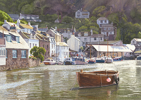 A painting of Polperro Harbour in the early morning by Margaret Heath.