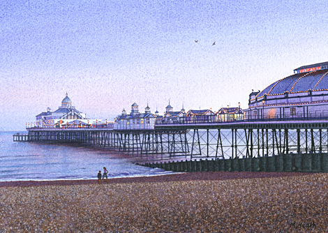 A painting of Eastbourne Pier, Sussex at twilight by Margaret Heath.