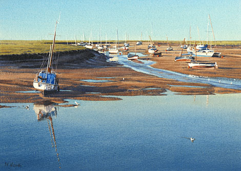 A painting of moored boats at ebb tide at Wells-Next-The-Sea, Norfolk by Margaret Heath.