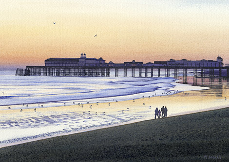 An oil painting of Hastings Pier, Sussex at dusk by Margaret Heath.