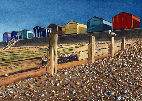 A painting of beach huts at Tankerton, near Whitstable, Kent in the evening by Margaret Heath.