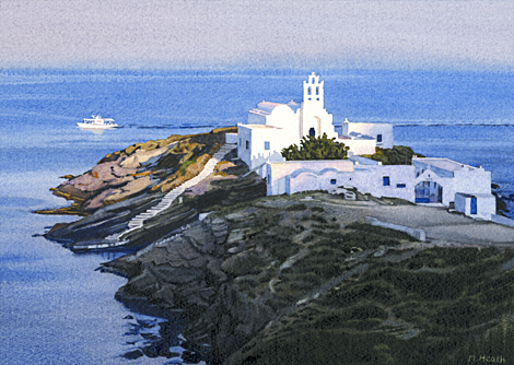 A painting of Chryssopigi Monastery, Sifnos, Greece at sunset by Margaret Heath.