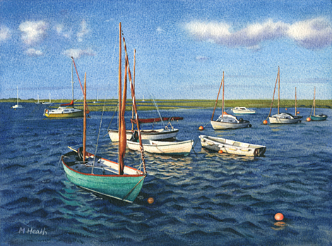 A painting of boats moored in the harbour at Wells-next-the-Sea in the evening by Margaret Heath.