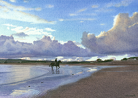 A painting of a man riding a horse on the beach at Mount's Bay, Marazion, Cornwall  in the evening by Margaret Heath.