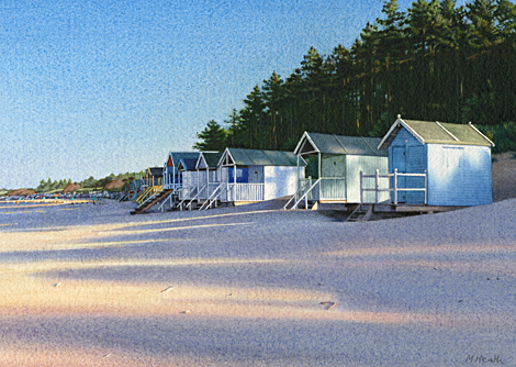 A painting of evening shadows cast by beach huts at Wells-Next-The-Sea, Norfolk by Margaret Heath.