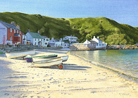 A painting of evening shadows at Porth Dinllaen, Wales by Margaret Heath.