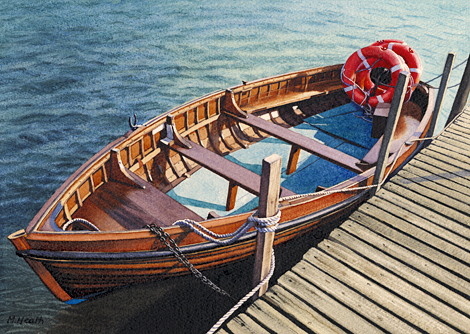 A painting of a rowing boat ferry moored at Southwold harbour, Suffolfk by Margaret Heath.