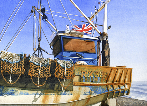 A painting of a fishing boat on the beach at Hastings, Sussex by Margaret Heath.