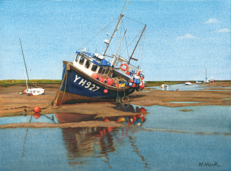 A painting of a fishing boat in the harbour at Wells-next-the-Sea, Norfolk at low tide by Margaret Heath.