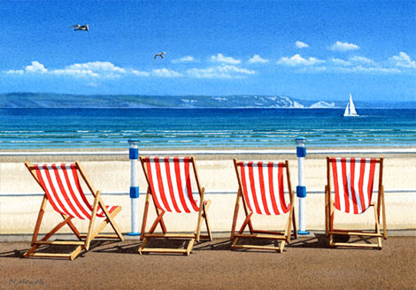 A painting of four red deck chairs on the seafront at Weymouth, Dorset by Margaret Heath.