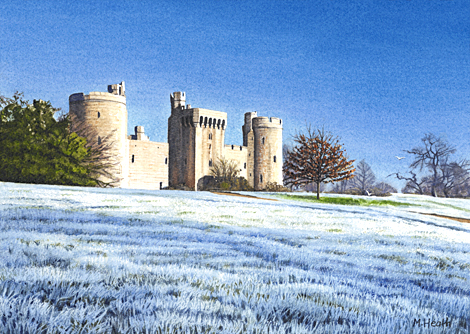 A watercolour painting of Bodiam Castle, Sussex on a frosty morning by Margaret Heath.