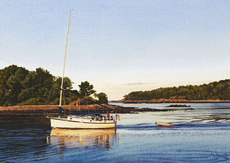 A painting of a yacht returning to York Harbor, Miane, New England, USA in the evening by Margaret Heath.