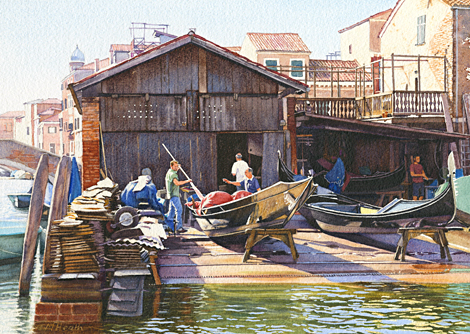 A painting of gondola repairs on Rio di San Trovaso, Venice, Italy by Margaret Heath.