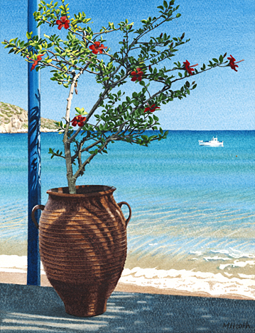 A painting of a hibiscus in an urn beside a beach on Sifnos, Greece by Margaret Heath.