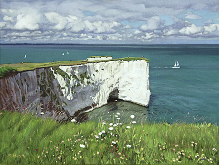 A painting of Handfast Point cliffs in Dorset by Margaret Heath.