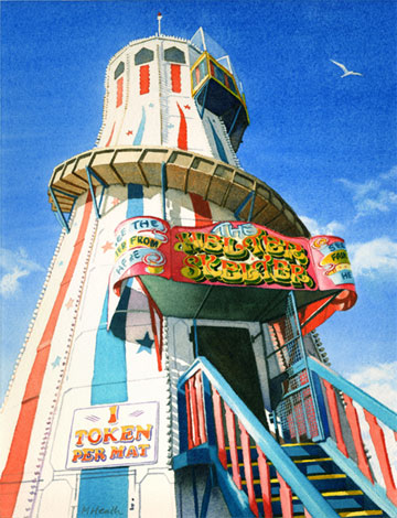 A painting of a helter-skelter on Brighton Pier, Sussex by Margaret Heath.