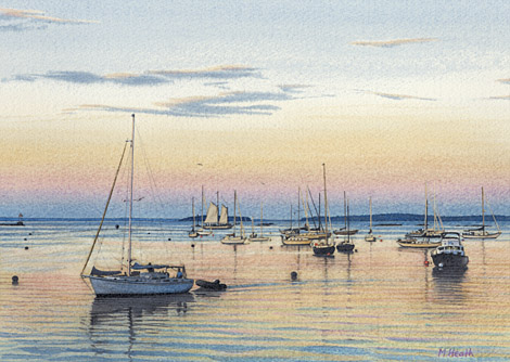 A painting of a boat returning to harbour in the evening at Camden, Maine, USA by Margaret Heath.