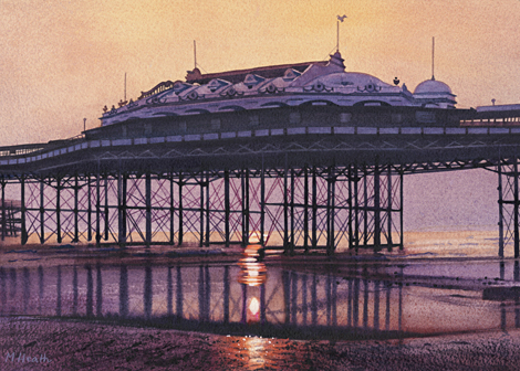 A painting of West Pier, Brighton at sunset by Margaret Heath.