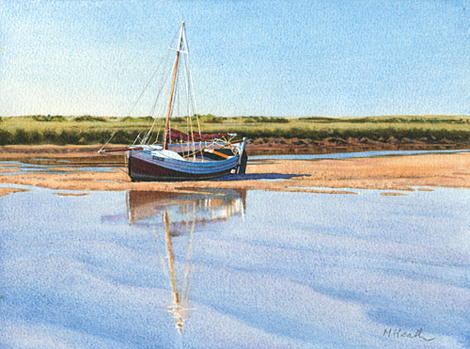 A painting of Isabel, a yacht moored at low tide at Burnham Overy Staithe, Norfolk by Margaret Heath.